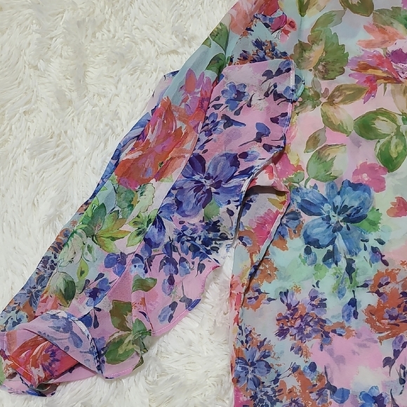 ZARA Women's Floral Chiffon Blouse - Pink and Green - Size Large - Picture 12 of 15